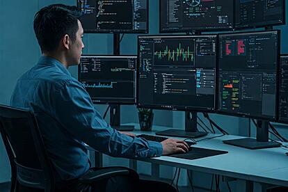 Professional analyzing data across multiple monitors in a dark control room setup